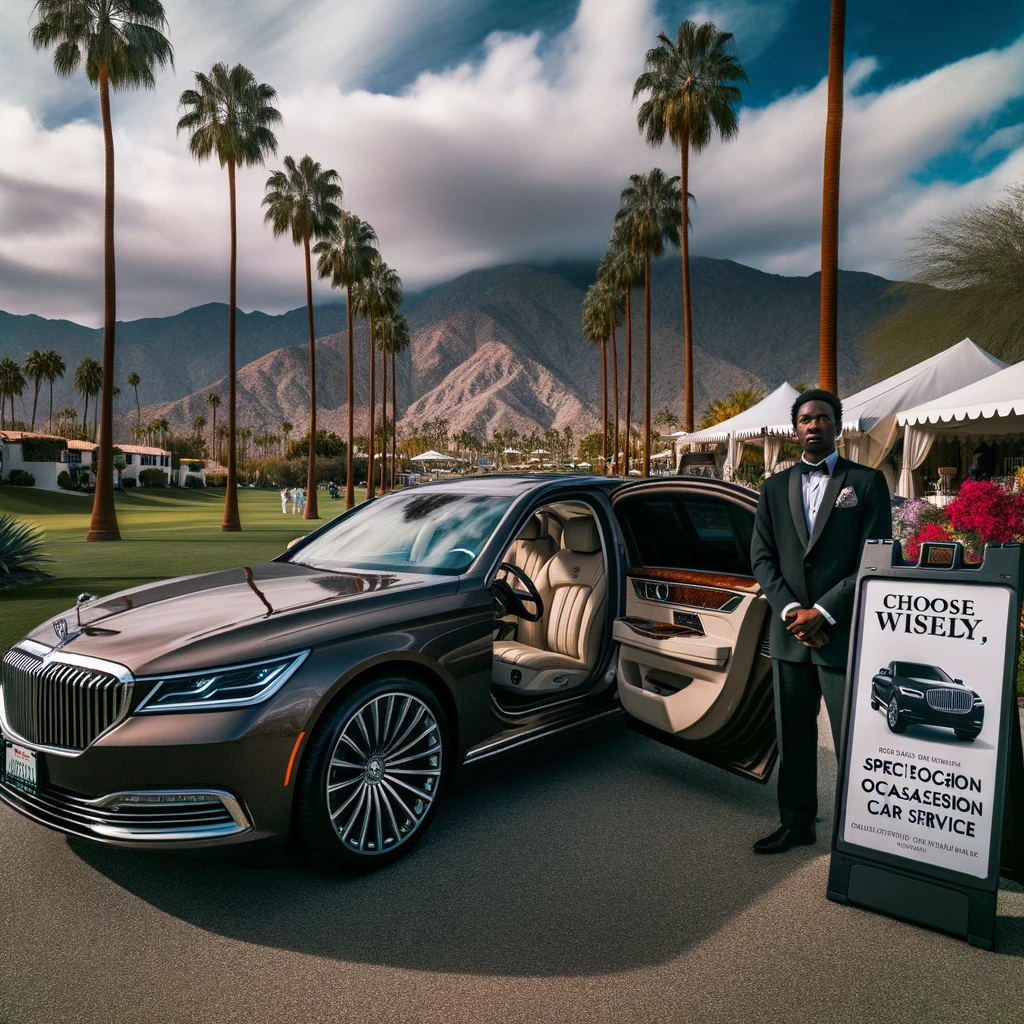 Luxury car service with chauffeur against a scenic Palm Springs backdrop.