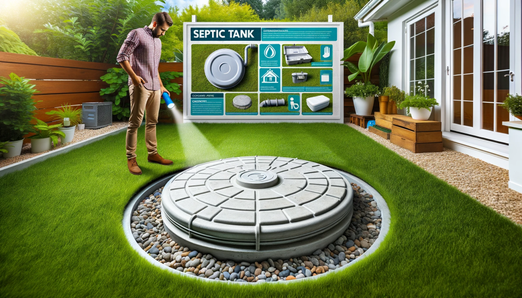 Homeowner inspecting a concrete septic tank lid in a landscaped backyard with an infographic panel showing three types of septic tank lids.