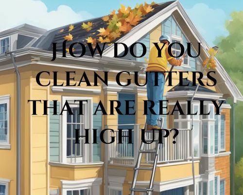 A figure uses a long-handled scoop to remove leaves and debris from high gutters, while standing on a secure ladder