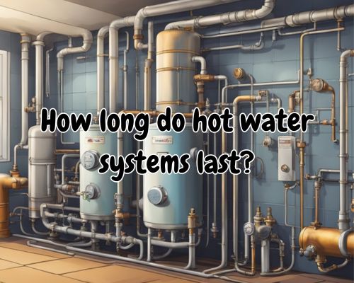 A hot water system sits in a utility room, surrounded by pipes and valves. It shows signs of wear and tear, with rust and corrosion visible on the exterior