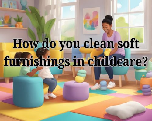 A caregiver gently wipes down colorful soft furnishings in a bright, cheerful childcare setting