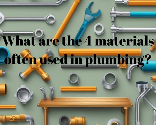 A plumber's workbench with copper pipes, PVC pipes, brass fittings, and Teflon tape laid out for use