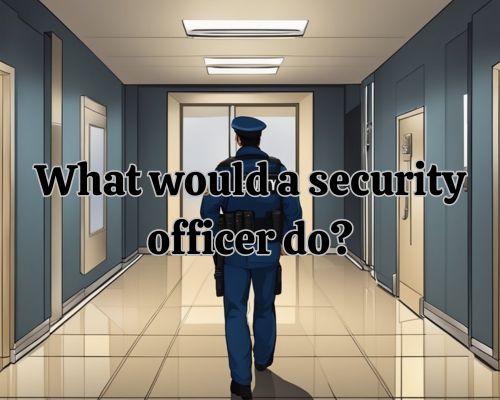 A security officer patrols a dimly lit hallway, checking doors and keeping a watchful eye on the surroundings