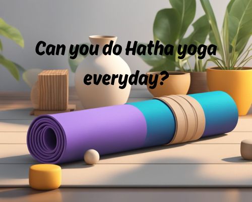 A serene natural setting with a yoga mat and props, such as blocks and a strap, arranged for a Hatha yoga practice