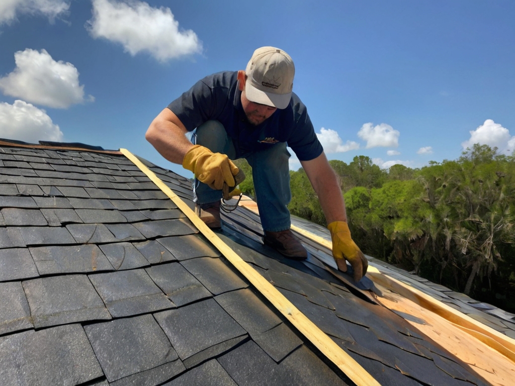 Roofer installing tiles precisely.
